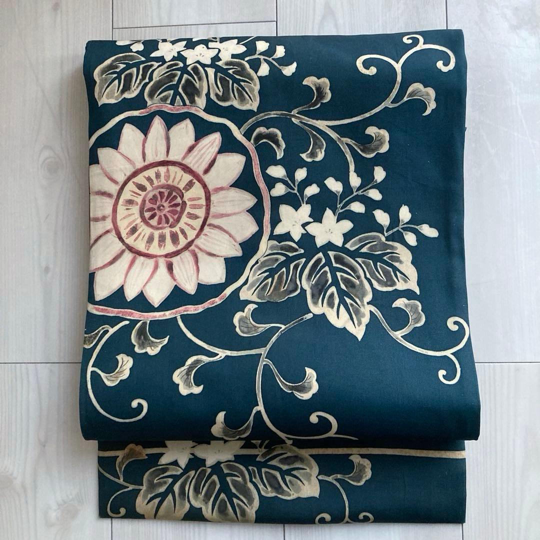 塩瀬の名古屋帯　レトロな向日葵　花唐草模様　上質　正絹　青緑　No2-22