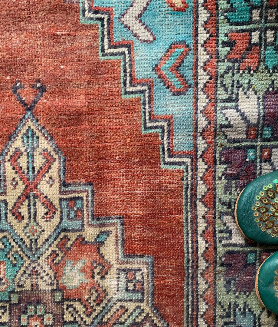 レトロブルー　テラコッタ98×62 メダリオン　トルコヴィンテージラグ