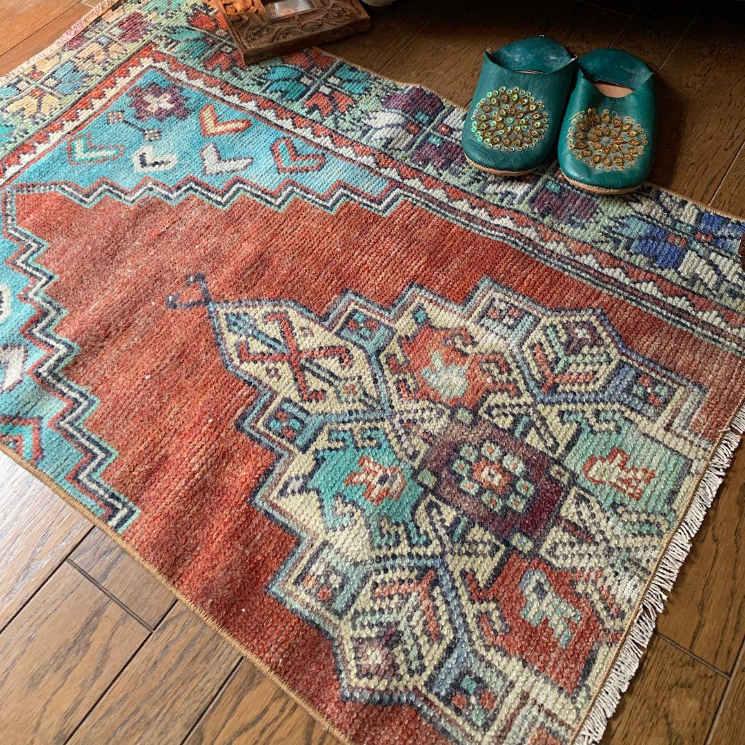 レトロブルー　テラコッタ98×62 メダリオン　トルコヴィンテージラグ