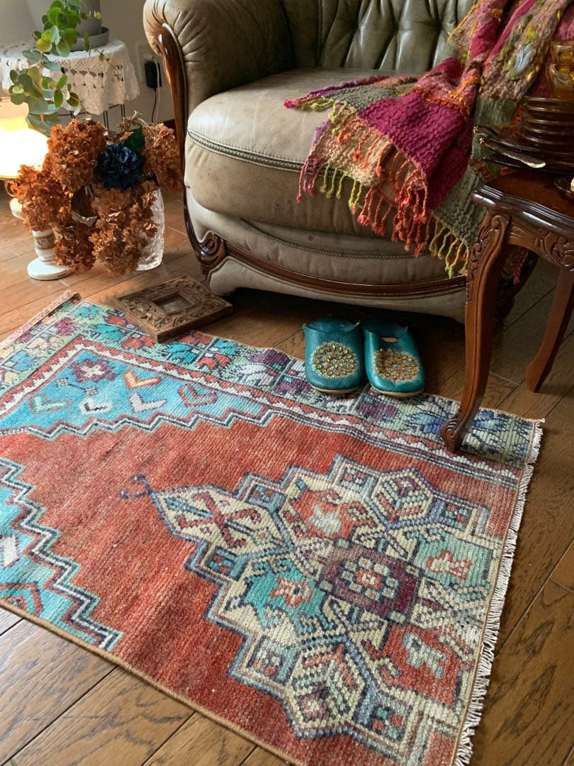 レトロブルー　テラコッタ98×62 メダリオン　トルコヴィンテージラグ