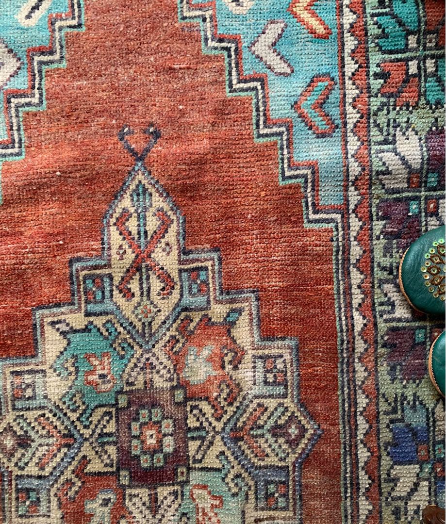 レトロブルー　テラコッタ98×62 メダリオン　トルコヴィンテージラグ