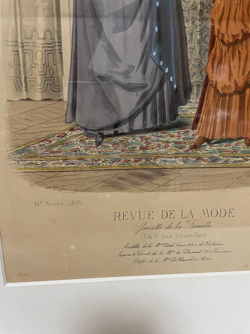 アンティーク絵画　1885年　フランス版画　ラ・レヴュ・ドゥ・ラ・モード額縁