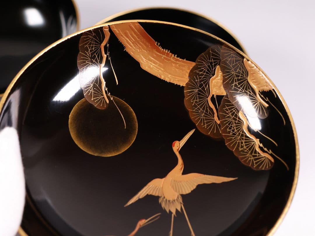 【CM377】大正期 月と松 飛翔鶴 金蒔絵 欅地溜塗 黒塗 椀二客 木製漆器
