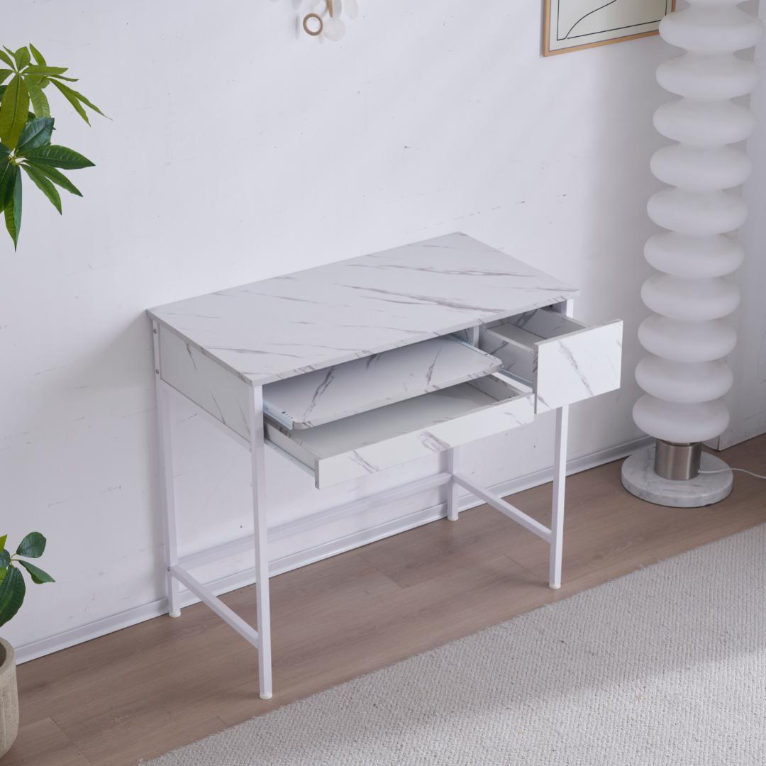 【ホワイト】パソコンデスク引き出し付き 収納台 pcデスク 机 大理石柄おしゃれ