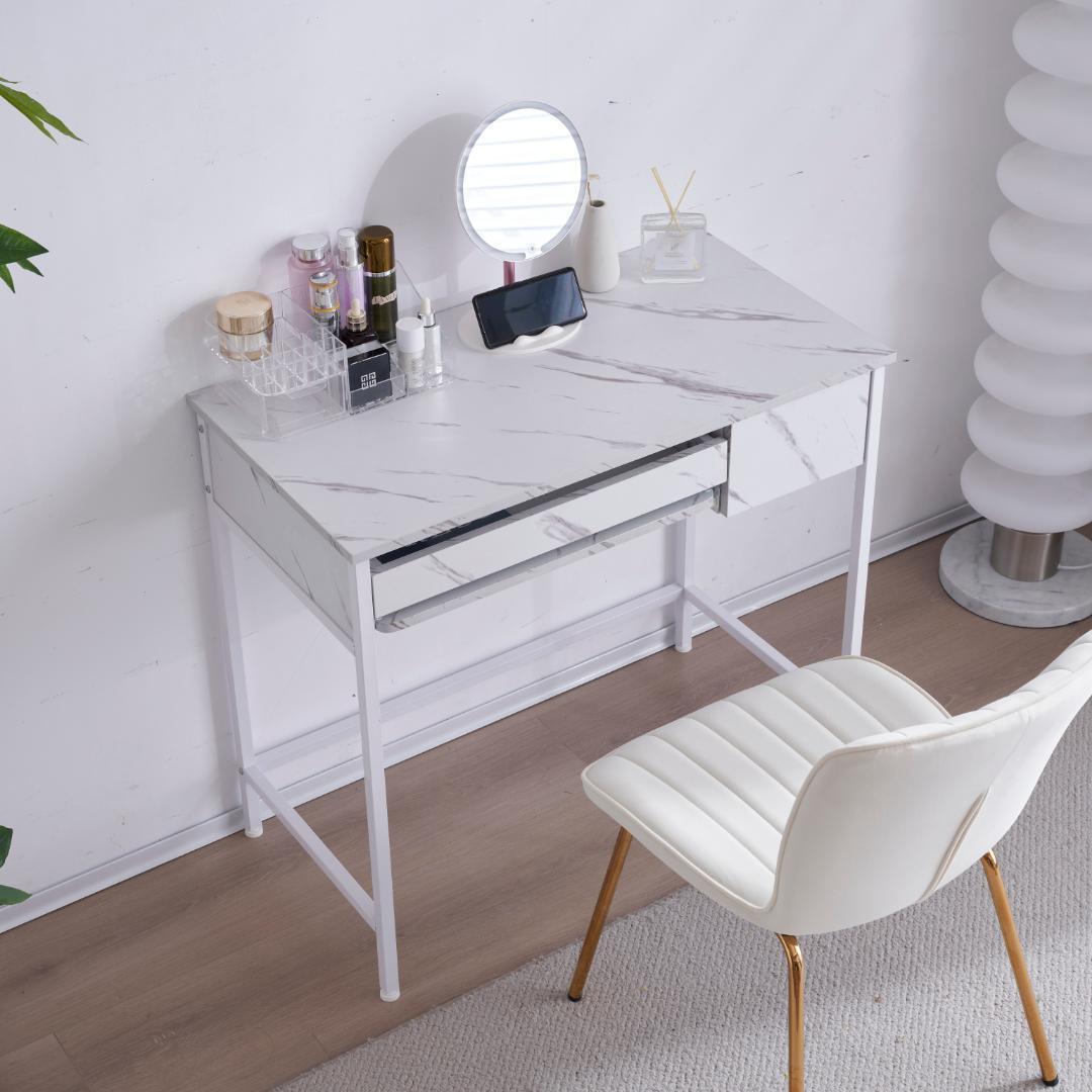 【ホワイト】パソコンデスク引き出し付き 収納台 pcデスク 机 大理石柄おしゃれ