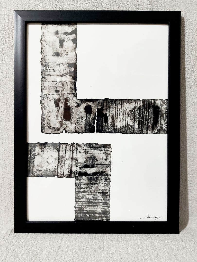 ★モダンアート★現代アート　抽象画　モノクロ　インテリア　原画　A4　フレーム付