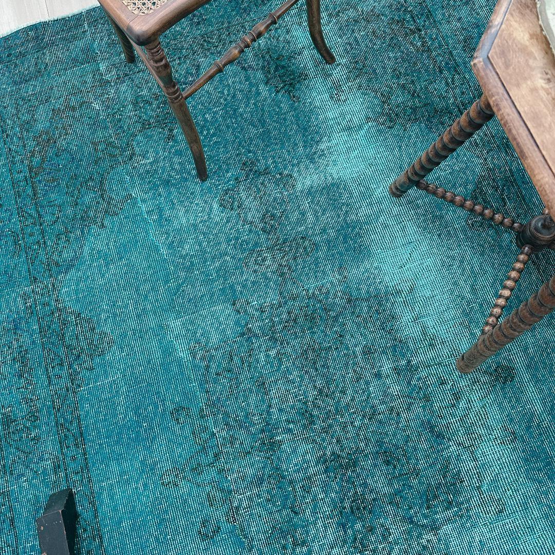 トルコヴィンテージラグ A82 大判 ダークターコイズブルー オーバーダイラグ