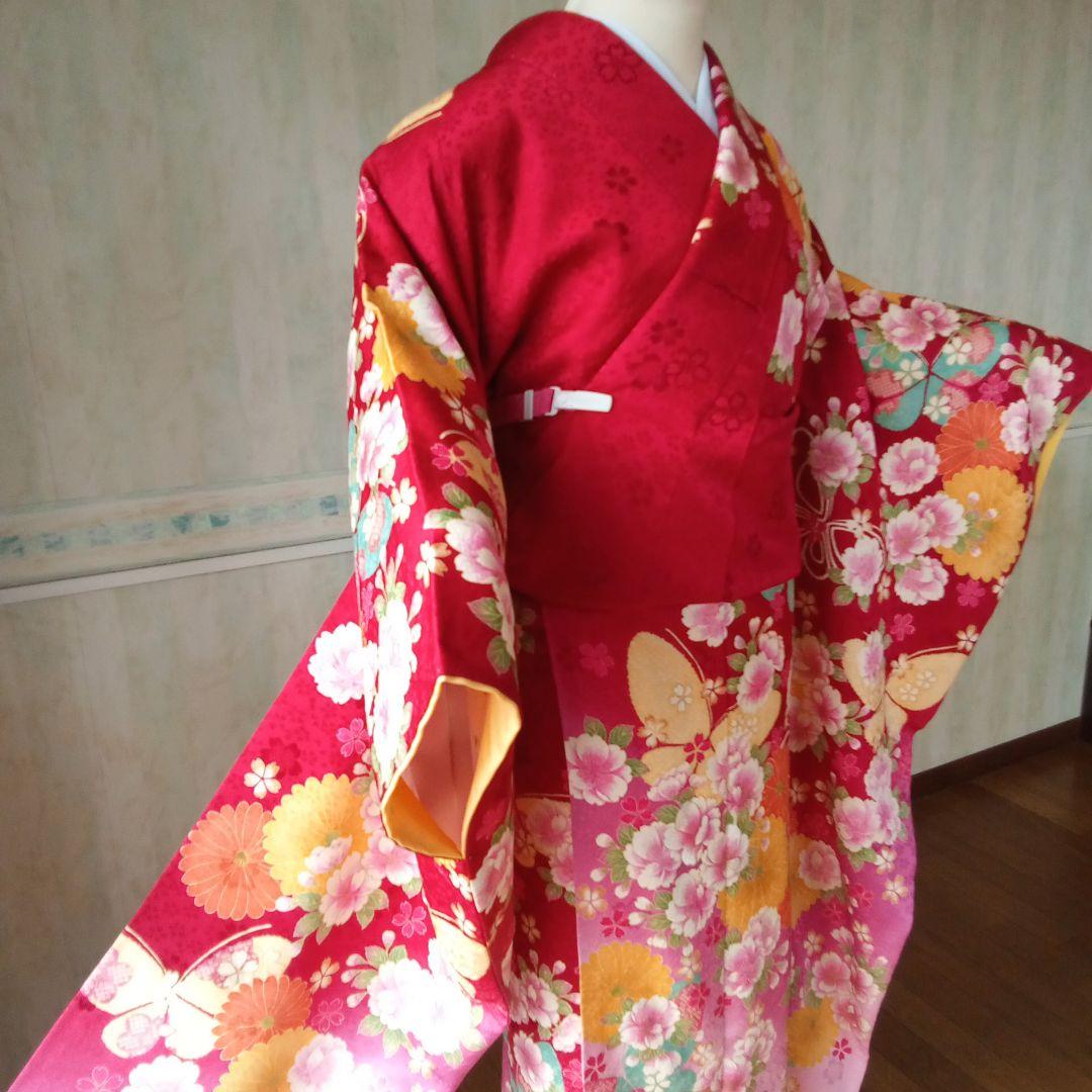 5165振袖単品　KANSAI寛斎ブランド 赤ピンク蝶　正絹　成人式卒業式結婚式