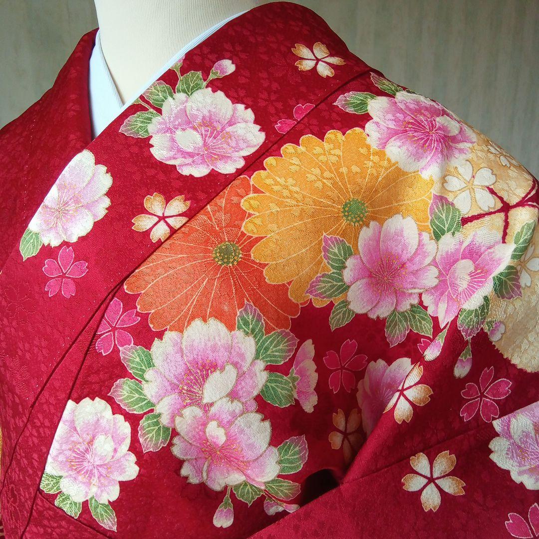 5165振袖単品　KANSAI寛斎ブランド 赤ピンク蝶　正絹　成人式卒業式結婚式