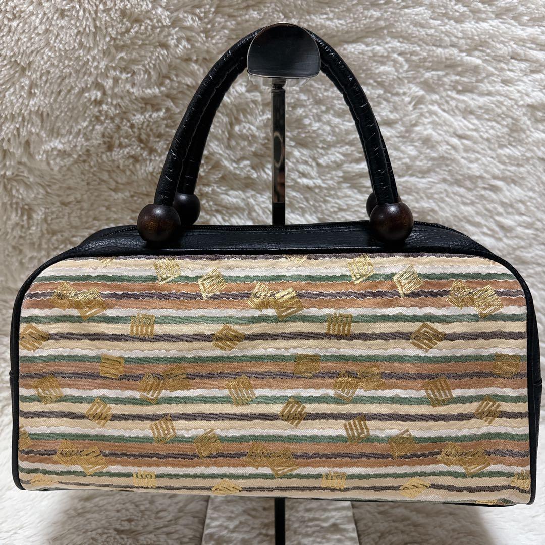 【美品】利休　和装用バッグ ストライプ模様 木製ワンポイント