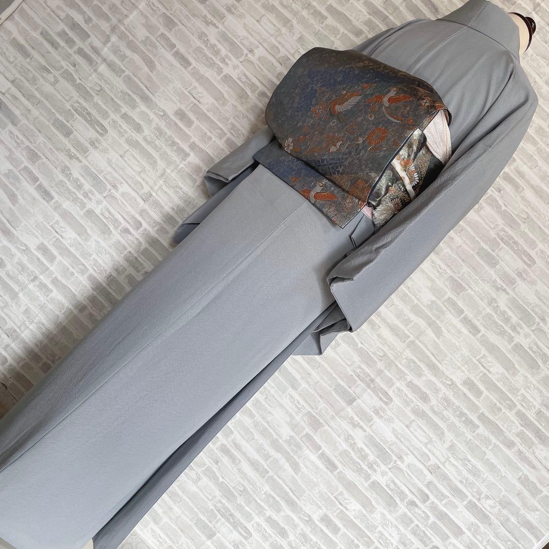 色無地　フルセット　青系　くすみブルー　縮緬　シンプル　礼装　カジュアル　H2