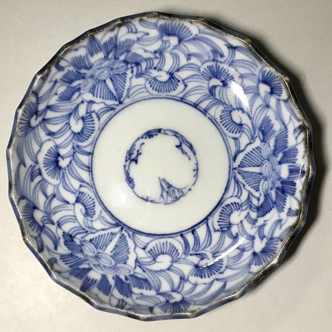 古伊万里◆染付 線描 小皿5枚◆江戸後期 幕末 手塩皿 小皿 豆皿 有田 花唐草