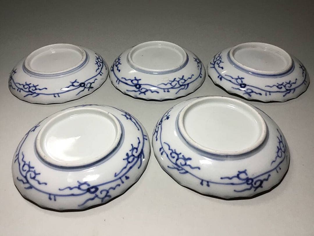 古伊万里◆染付 線描 小皿5枚◆江戸後期 幕末 手塩皿 小皿 豆皿 有田 花唐草