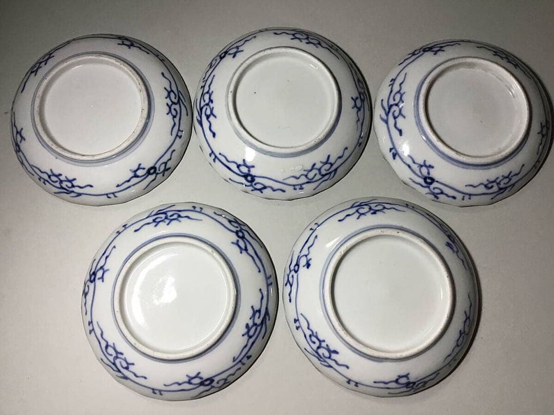 古伊万里◆染付 線描 小皿5枚◆江戸後期 幕末 手塩皿 小皿 豆皿 有田 花唐草
