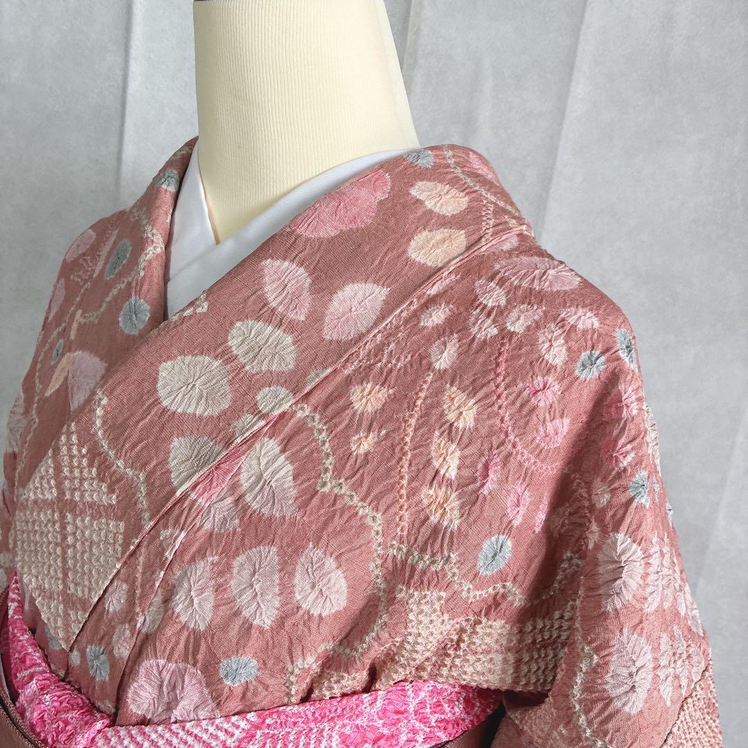 小紋　フルセット　着物　正絹　絞り　しつけ糸付き　和らぎピンク　華やぎ　G9