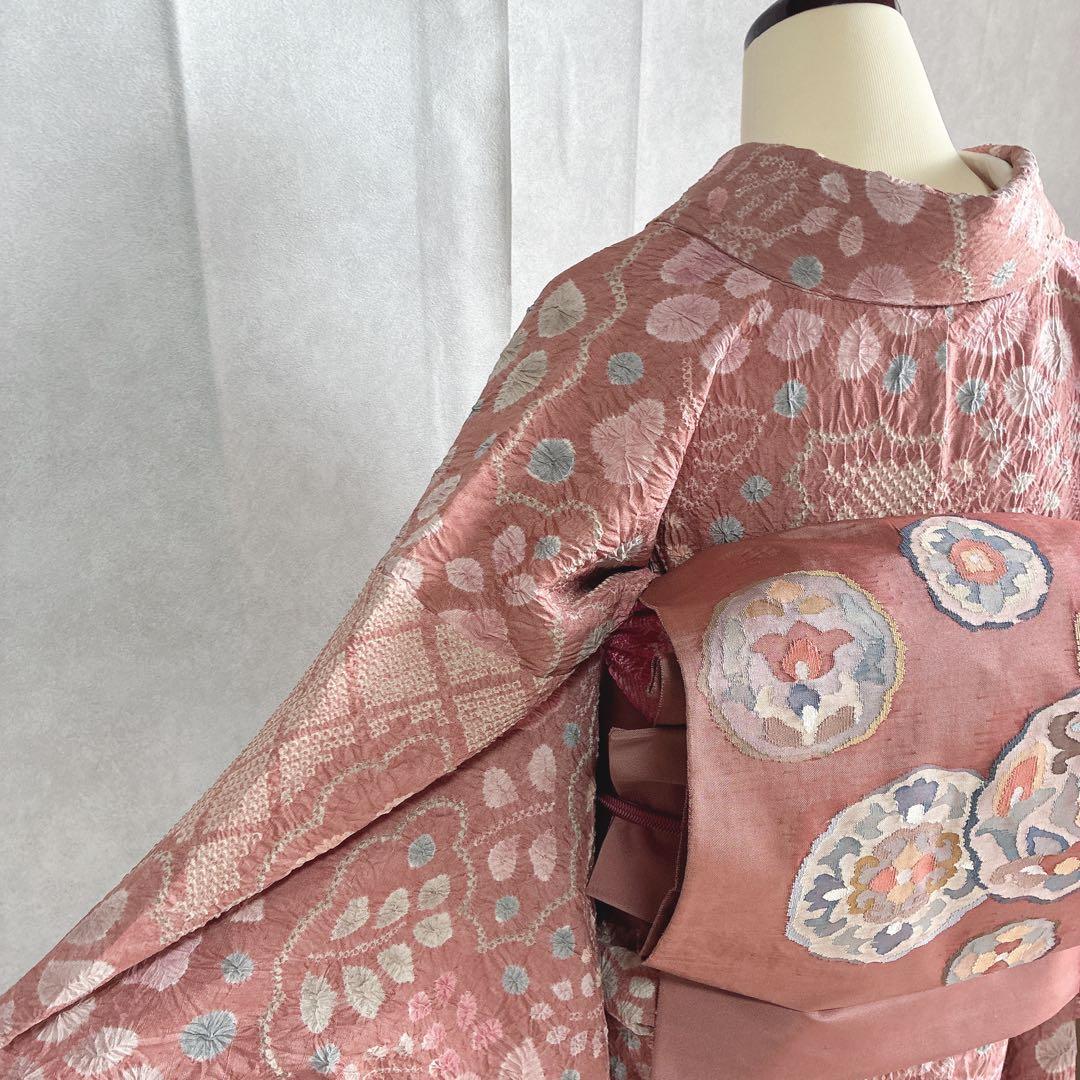 小紋　フルセット　着物　正絹　絞り　しつけ糸付き　和らぎピンク　華やぎ　G9