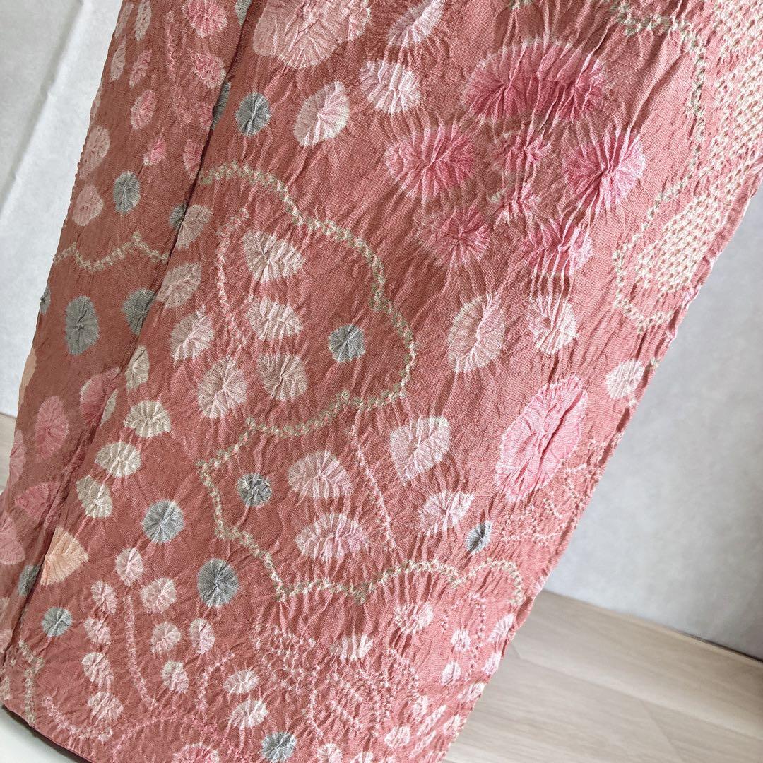 小紋　フルセット　着物　正絹　絞り　しつけ糸付き　和らぎピンク　華やぎ　G9