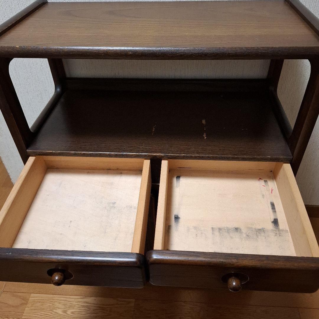 昭和レトロ電話台　ダークブラウン　ファックス台　木製　自由棚　引き出し・扉付き