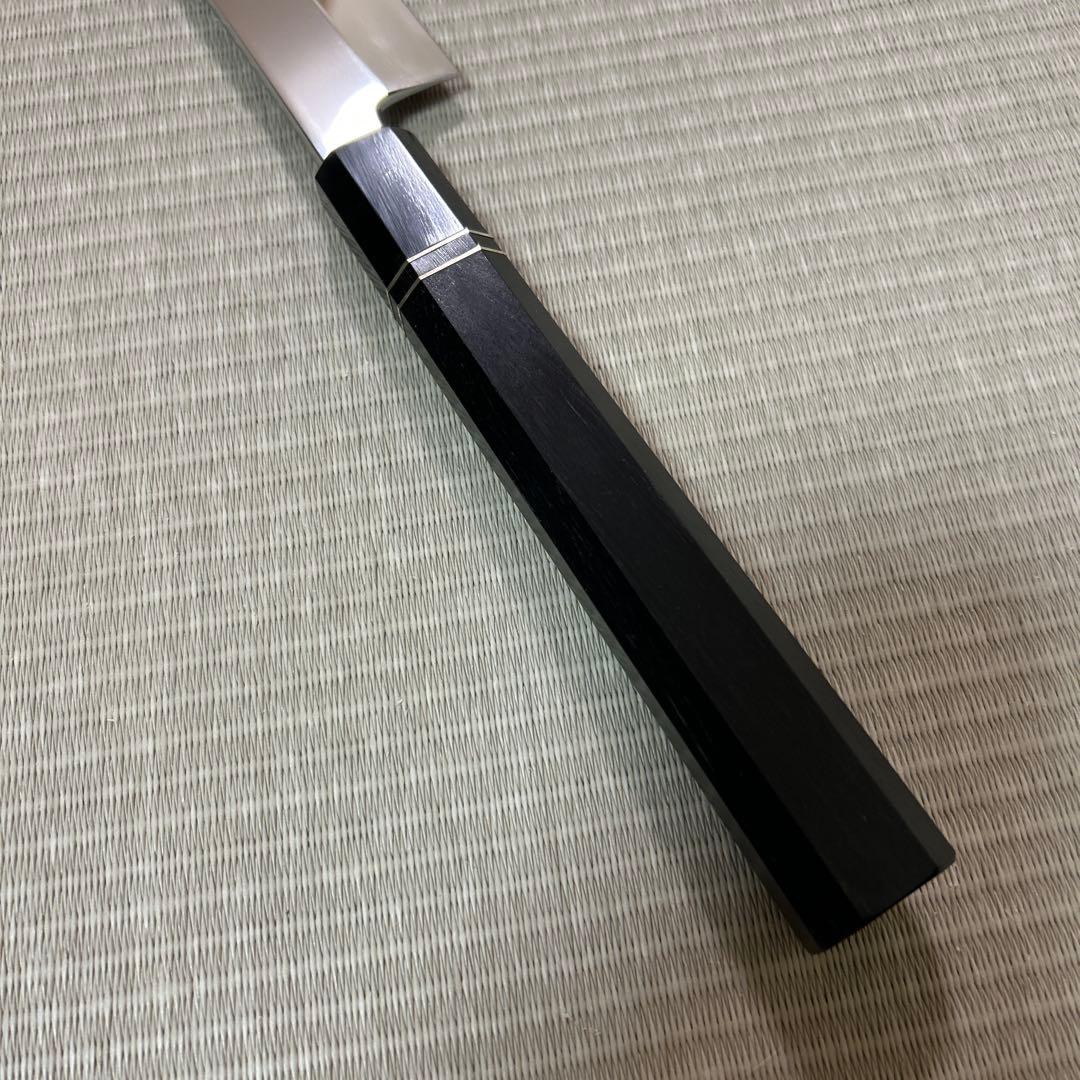 先丸　柳刃　包丁　和包丁　V金10号　本焼　鏡面　鬼反り　尺二　黒檀黒水牛八角柄