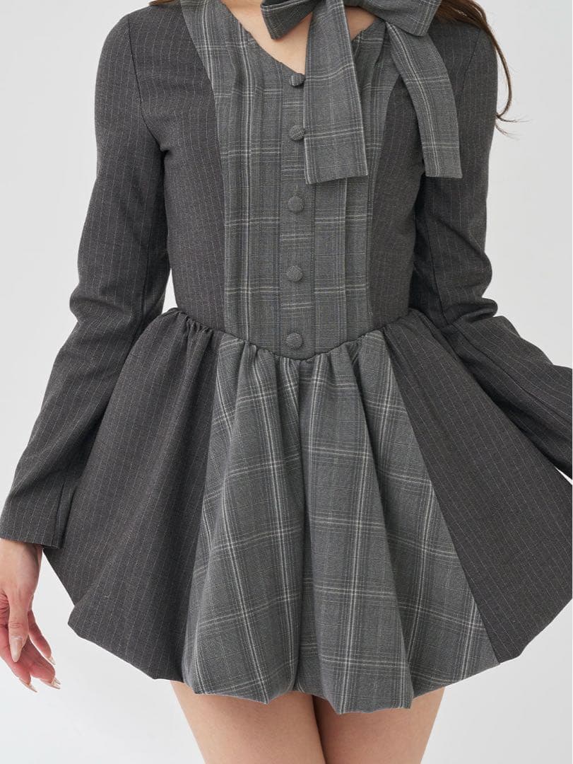 チェックストライプバルーンミニワンピース GRY FREEサイズ ノベルティ付き
