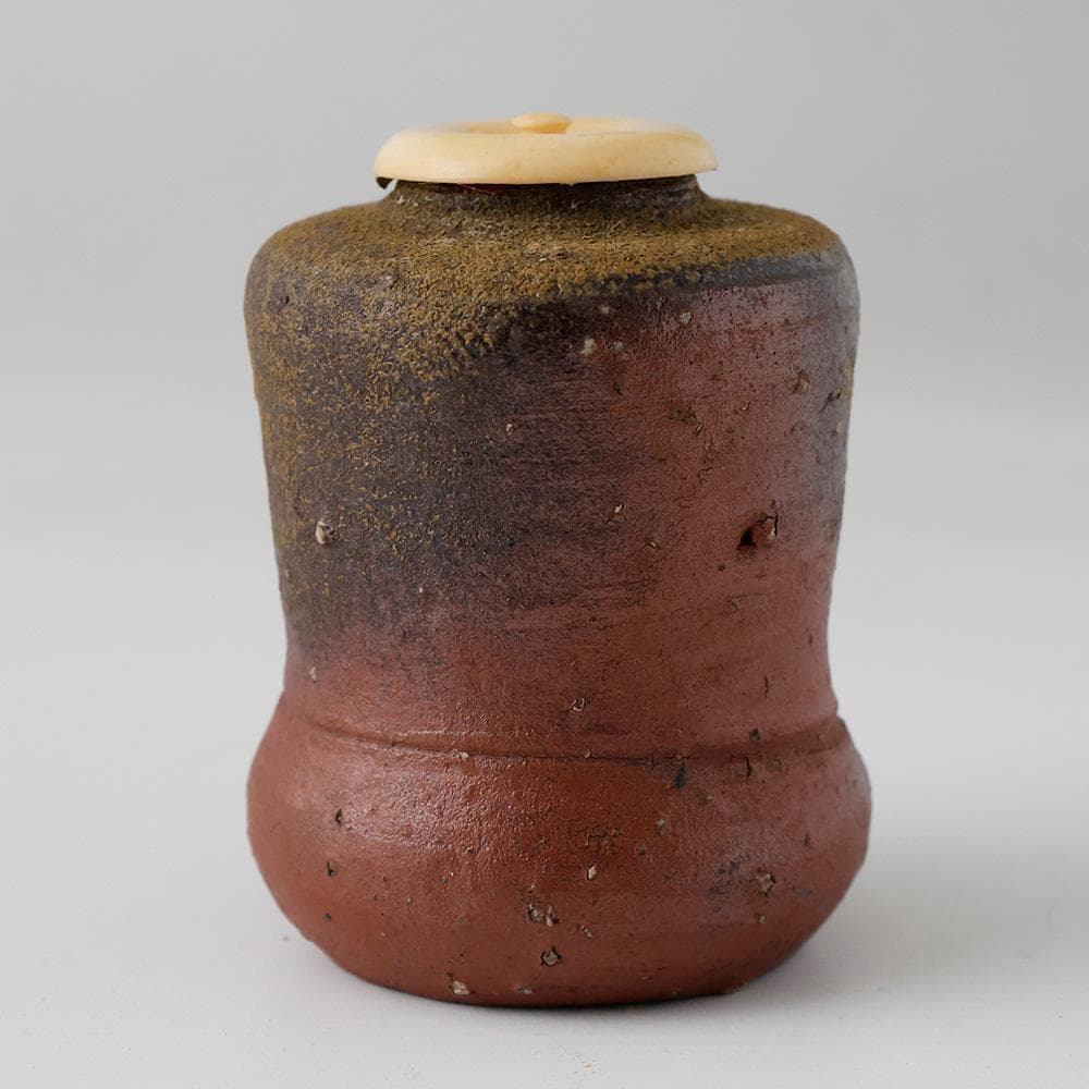 時代 備前焼 茶入 砂高台 在銘 陶印あり 糸屋風通（名物裂）仕覆付 茶道具