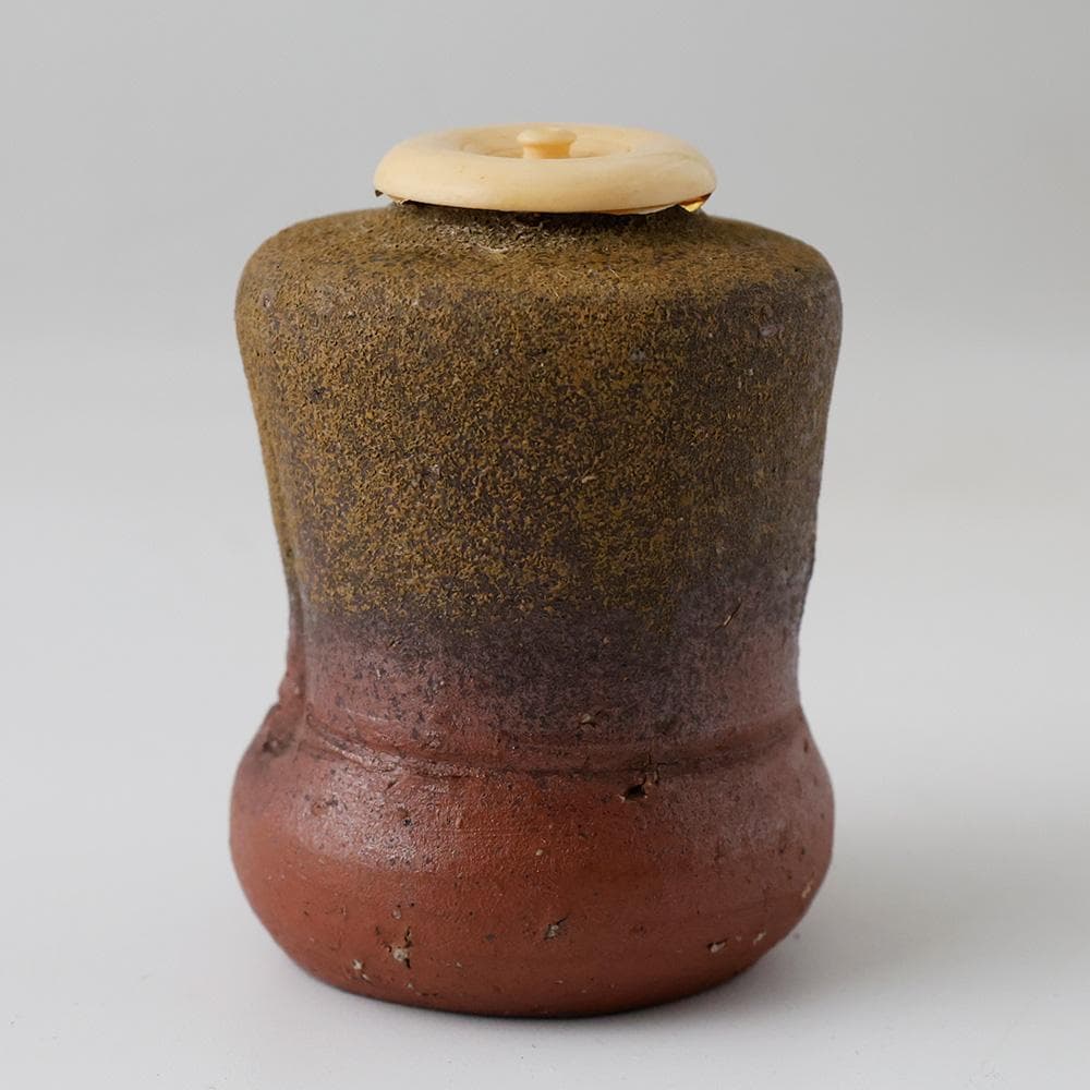 時代 備前焼 茶入 砂高台 在銘 陶印あり 糸屋風通（名物裂）仕覆付 茶道具