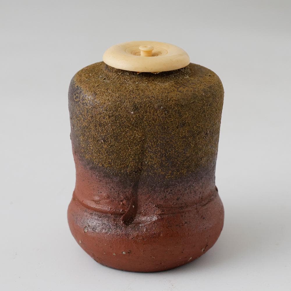 時代 備前焼 茶入 砂高台 在銘 陶印あり 糸屋風通（名物裂）仕覆付 茶道具