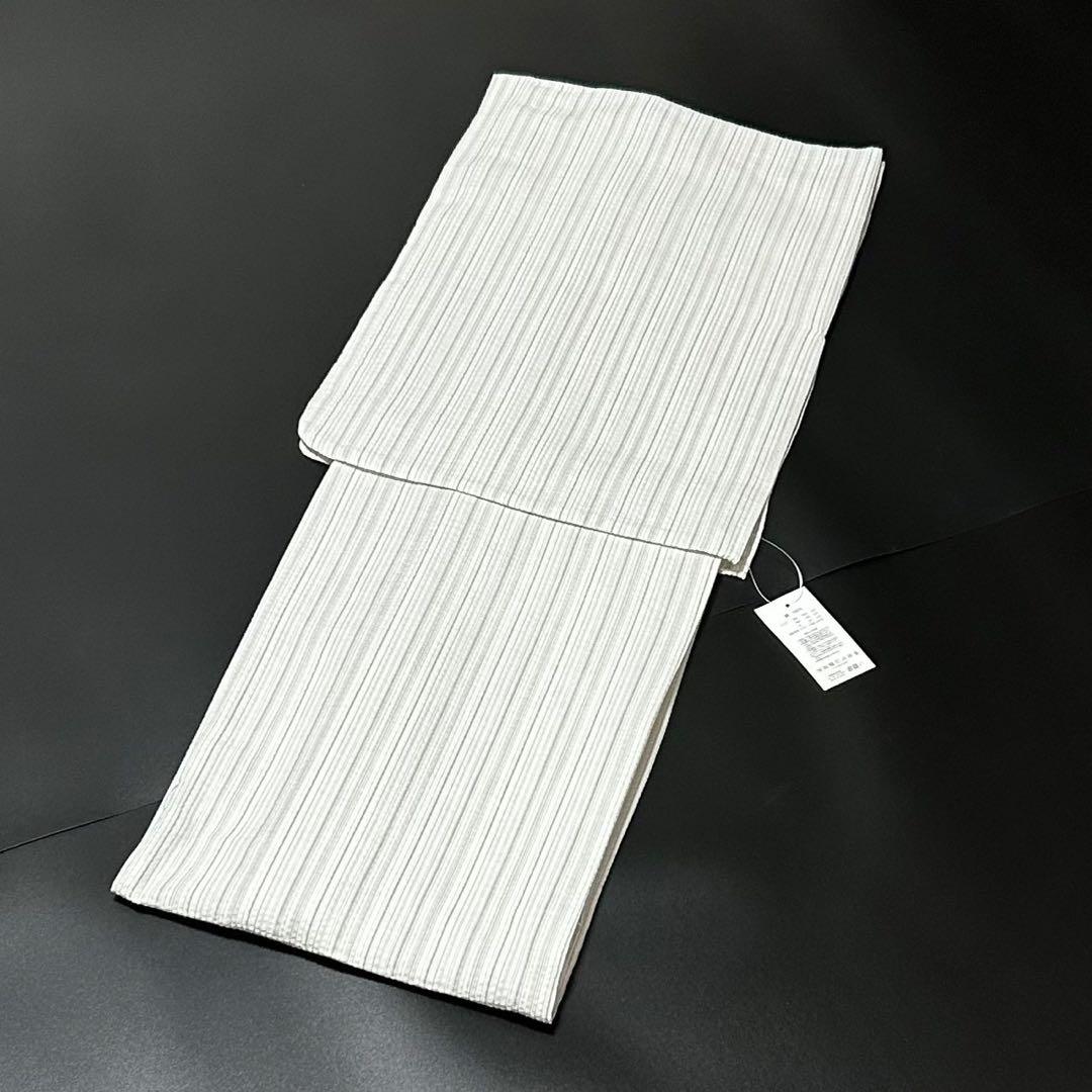 古典しじら織　浴衣　綿　粋な夏着物　縞柄　献上帯 半幅帯白　2点　0810⑪