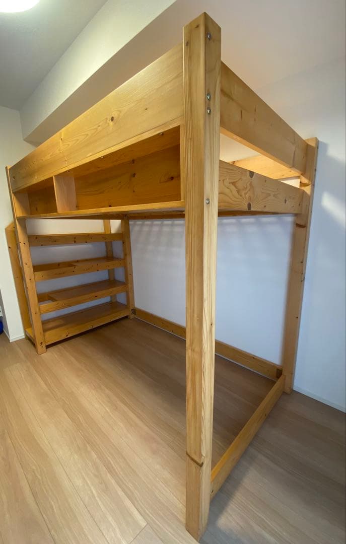木製ロフトベッド シングルサイズ 収納棚と階段付き