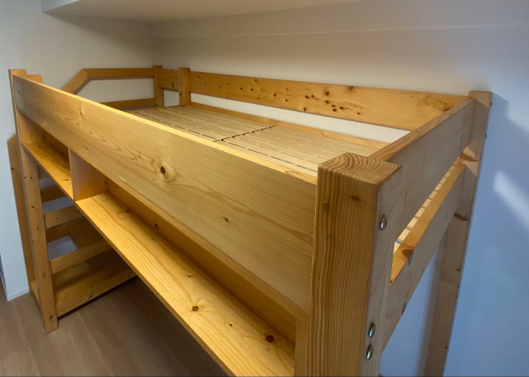 木製ロフトベッド シングルサイズ 収納棚と階段付き