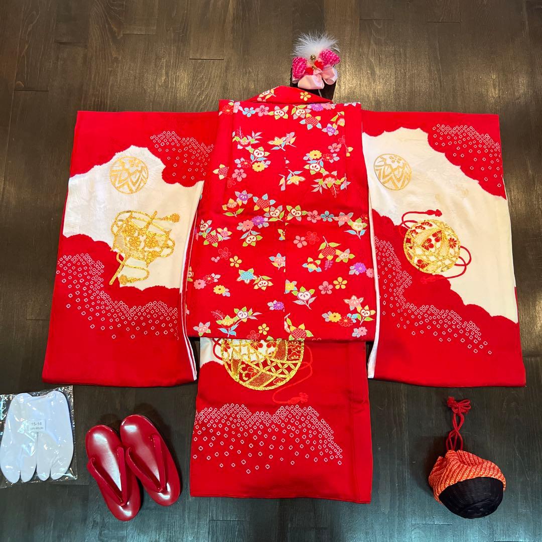 アンティーク 七五三 三歳 フルセット 着物 被布 小物一式 正絹 手鞠 赤