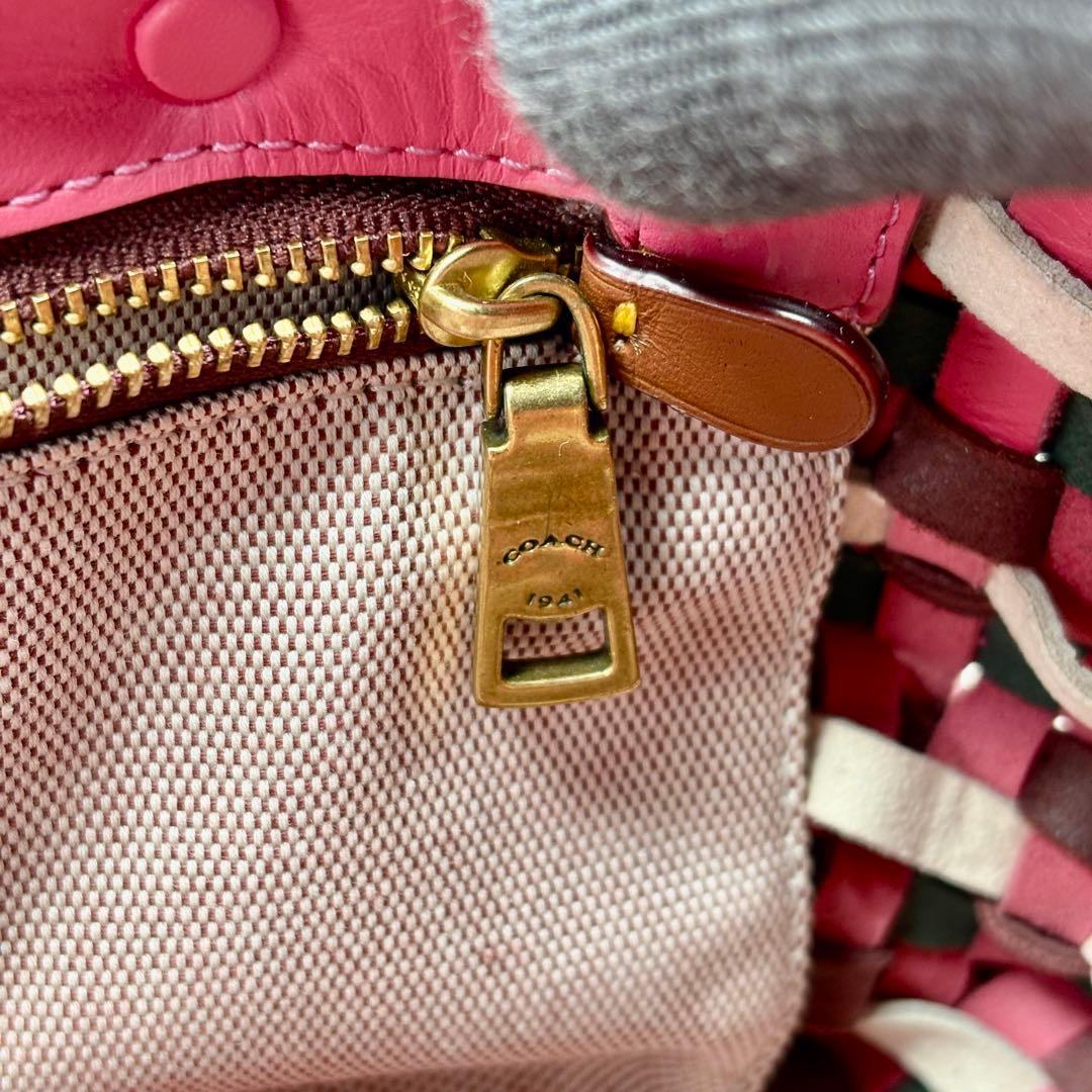 COACH コーチ ウーブントート ピンク 編み込みレザー かごバッグ