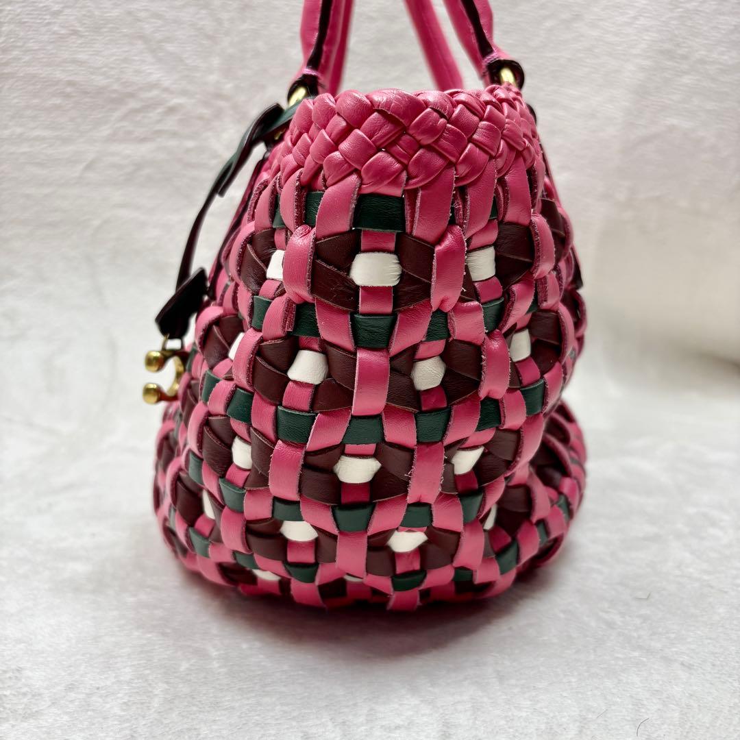 COACH コーチ ウーブントート ピンク 編み込みレザー かごバッグ