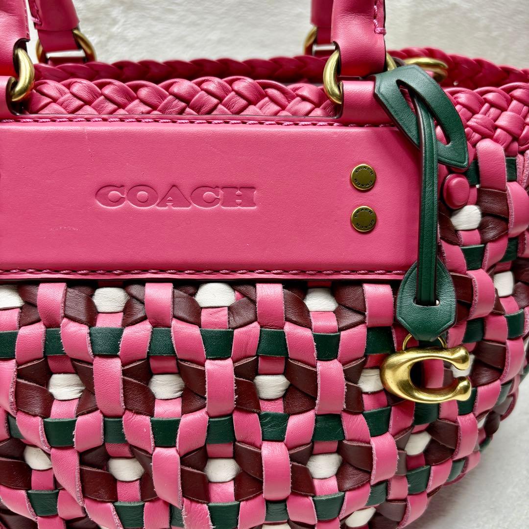 COACH コーチ ウーブントート ピンク 編み込みレザー かごバッグ