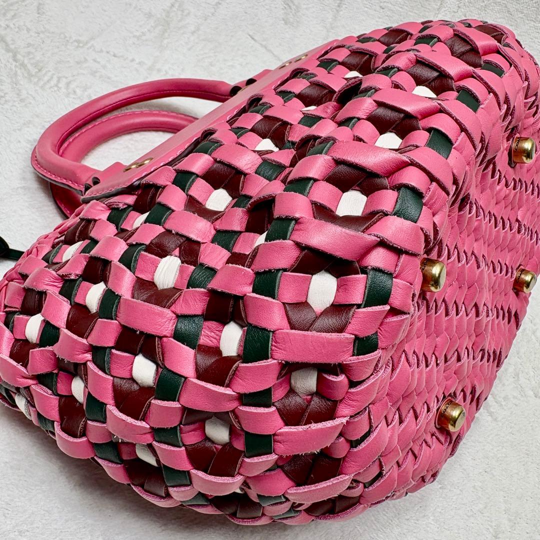 COACH コーチ ウーブントート ピンク 編み込みレザー かごバッグ