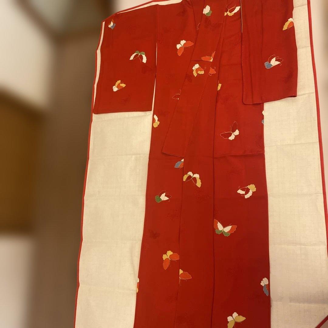 卒業式　着物と袴セット　赤の蝶柄小紋　紫色の袴　半幅帯　伊達襟