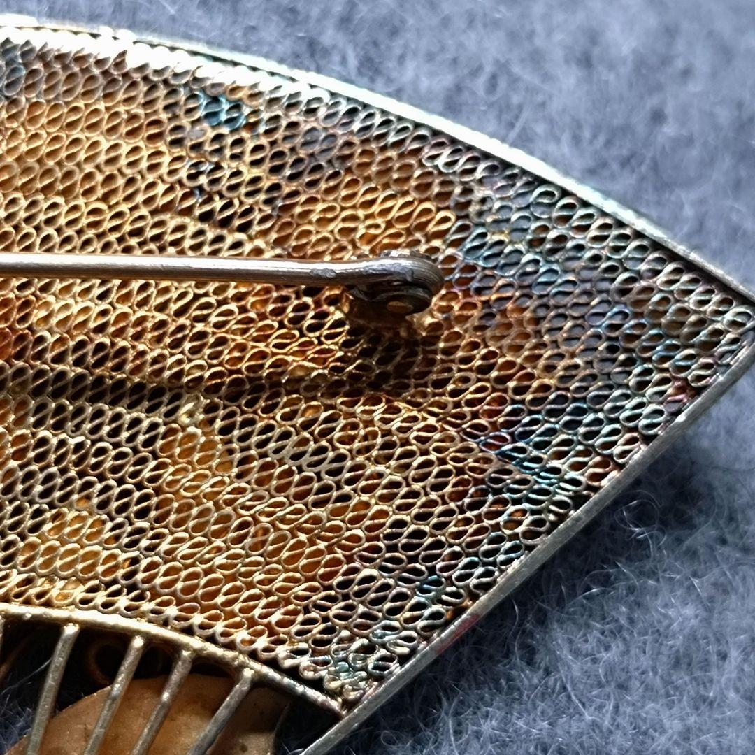 【希少】七宝焼 透かし扇 銀線細工 ブローチ