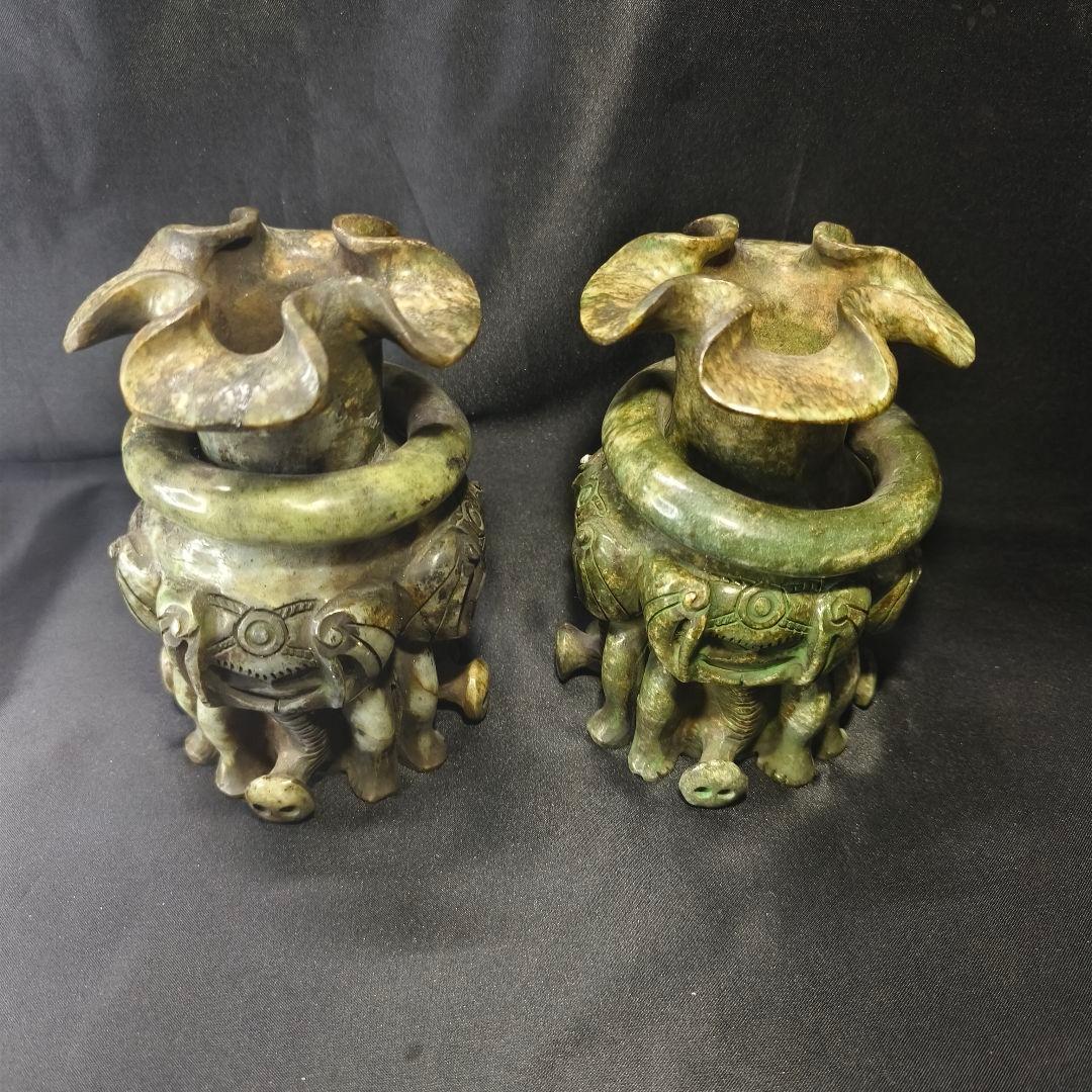 中国骨董 玉香炉一対 天然石 遊環 四面神獣立像 手彫り 作家物 風水 古美術品