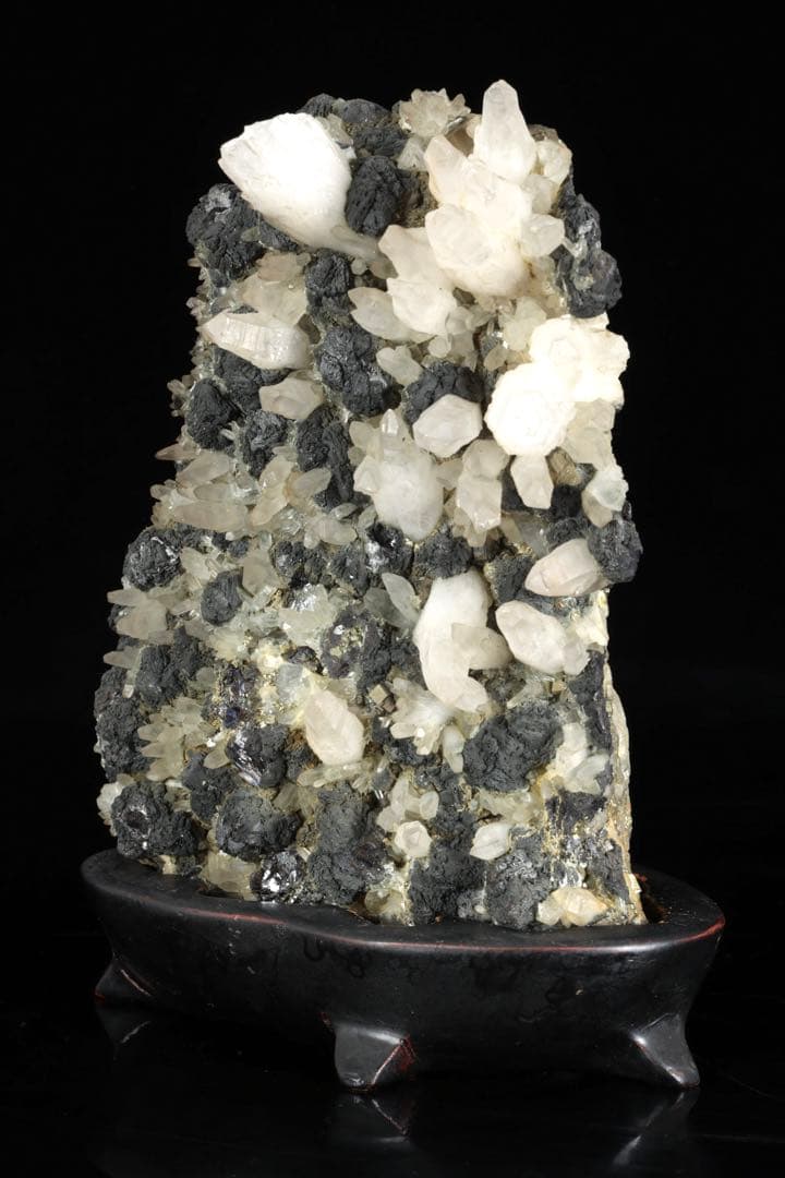 国産 白水晶クラスター 黄鉄鉱共生 青色虹彩 鑑賞石 原石 台座付 2166g