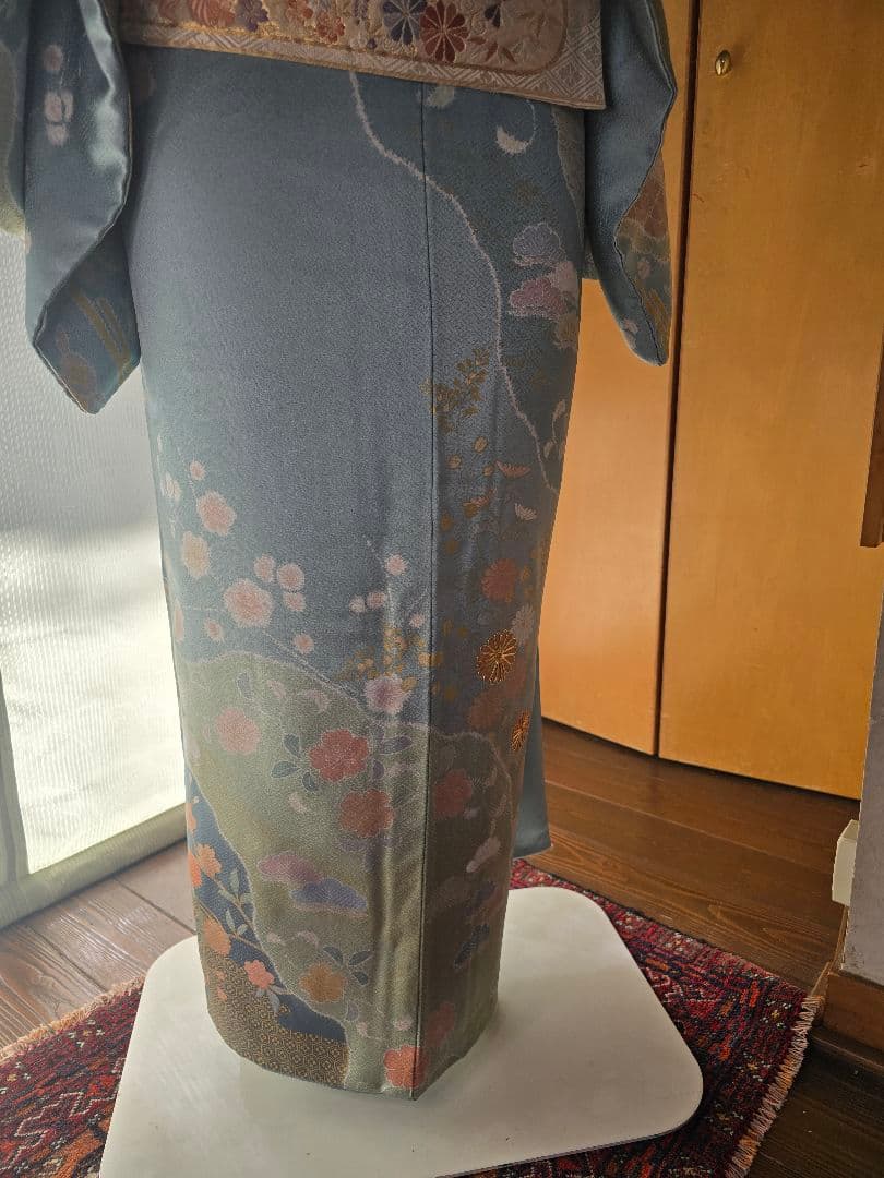 作家物　刺繍　４点フルセット　裄丈長め　訪問着　霞取りに花模様　袋帯