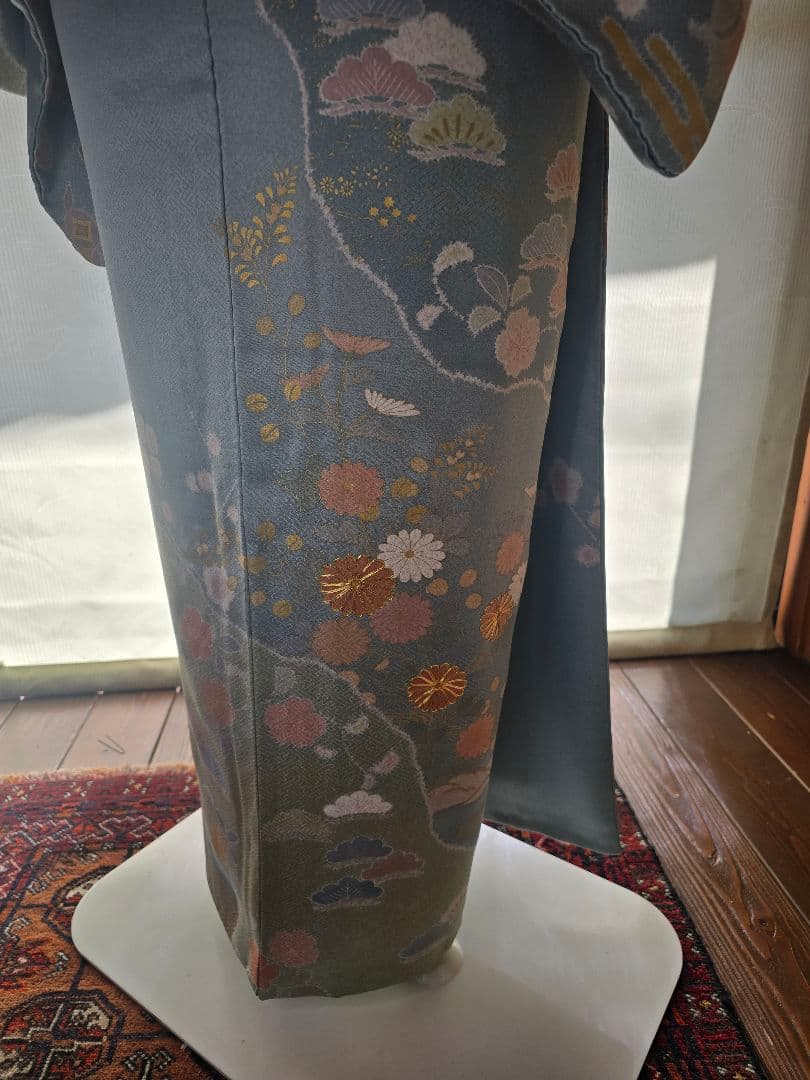 作家物　刺繍　４点フルセット　裄丈長め　訪問着　霞取りに花模様　袋帯