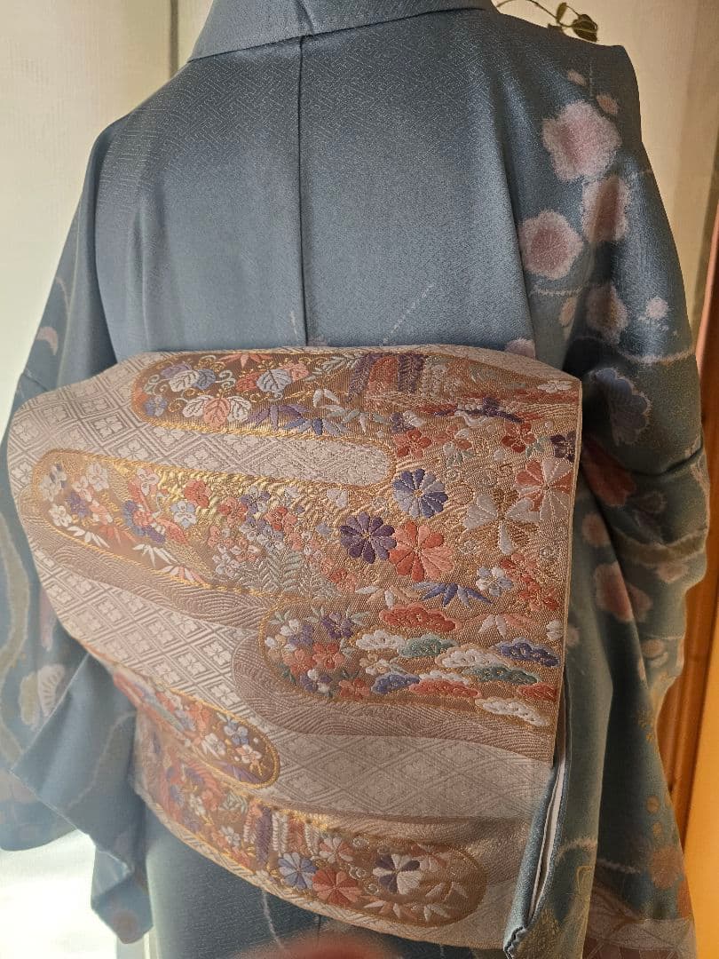 作家物　刺繍　４点フルセット　裄丈長め　訪問着　霞取りに花模様　袋帯