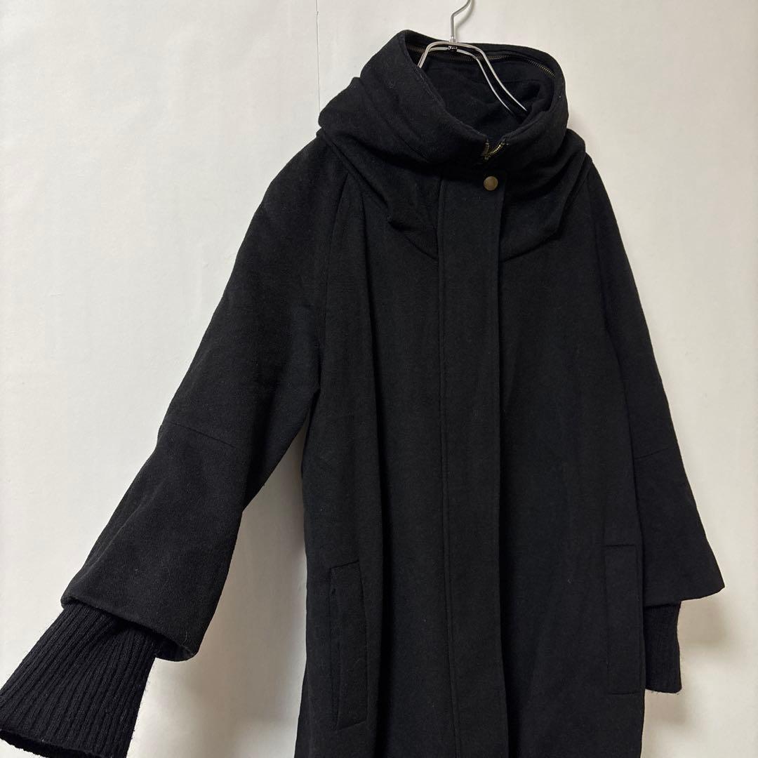 BEARDSLEY ビアズリー【Ｆ】膝丈コート ブラック フード ライナー 毛混