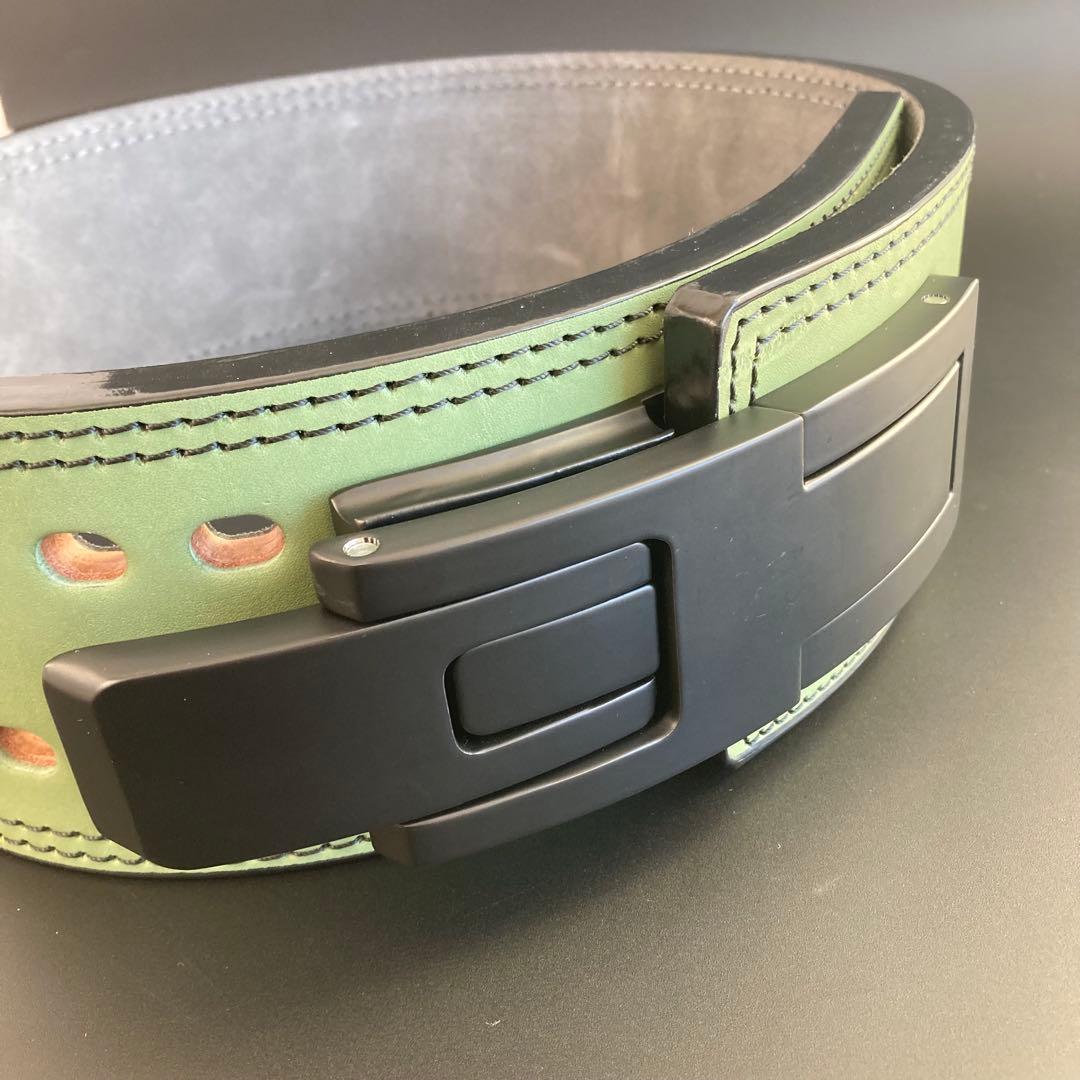 パワーベルト レバーアクション Sサイズ ワンタッチ可変式 本革 緑 黒ステッチ