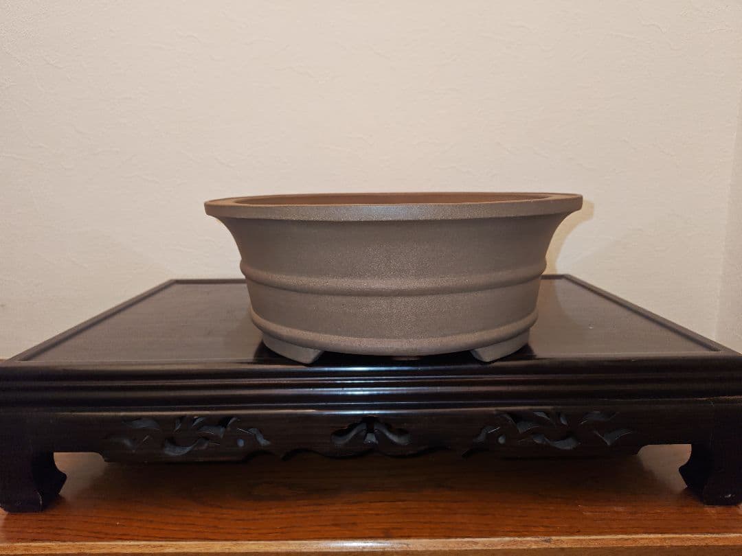 中型〜大型 陶器製 楕円形盆栽鉢 黄土茶色　落款あり