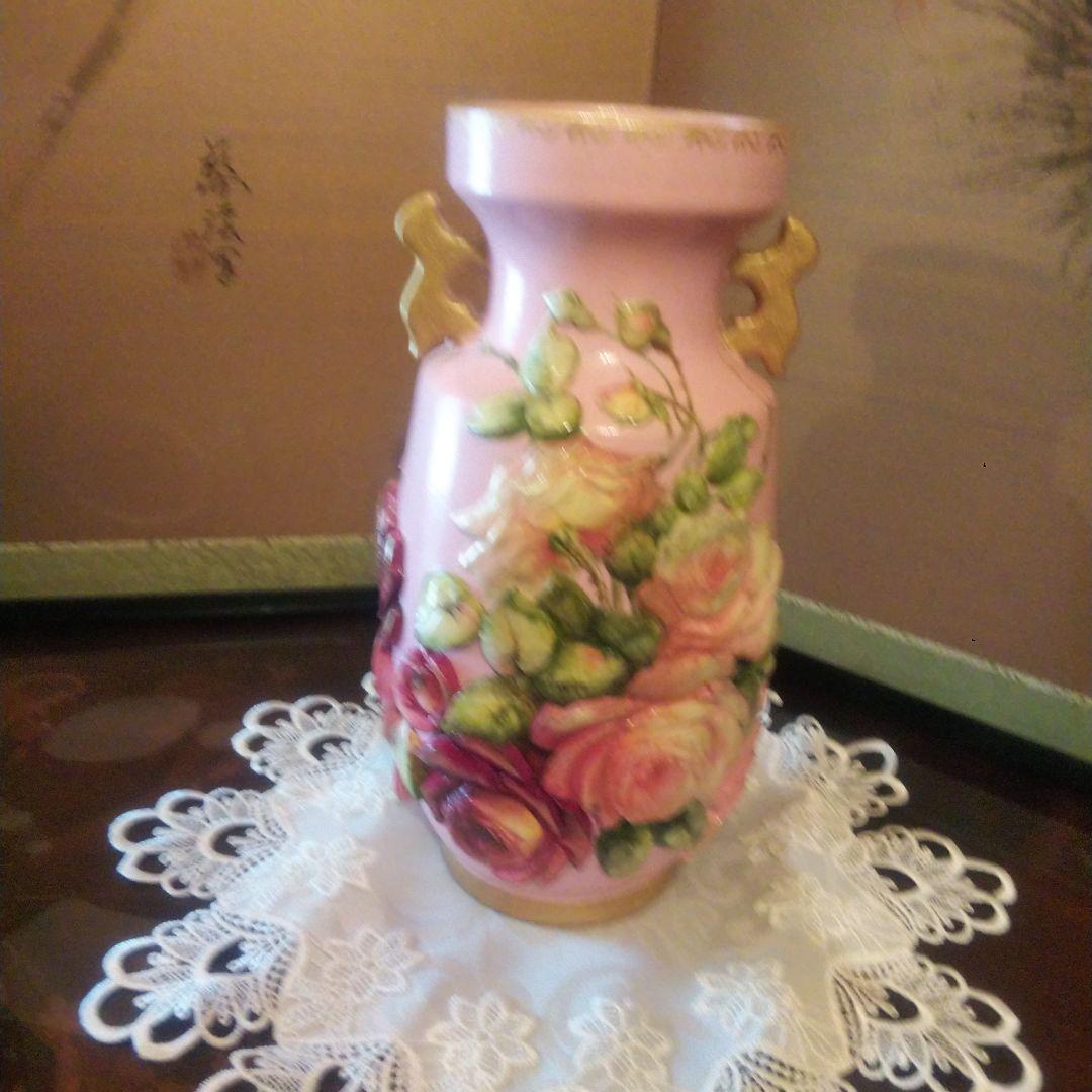 デコパージュ 作家 花瓶 特大 バラ ピンク ゴールド