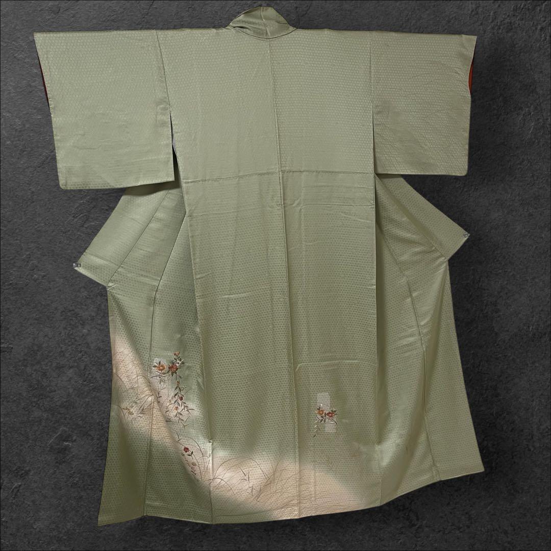 k233 正絹 亀甲地紋 訪問着 4点フルセット 身丈156裄丈65