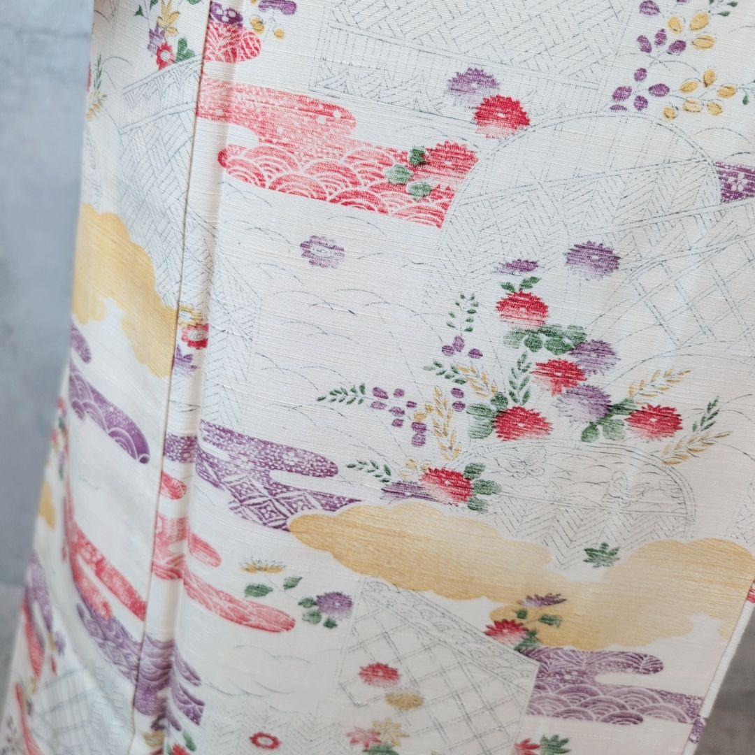 紬　帯締め帯揚げ　3点セット　着物　正絹　花　カラフル　色彩　白地　しつけ糸D2