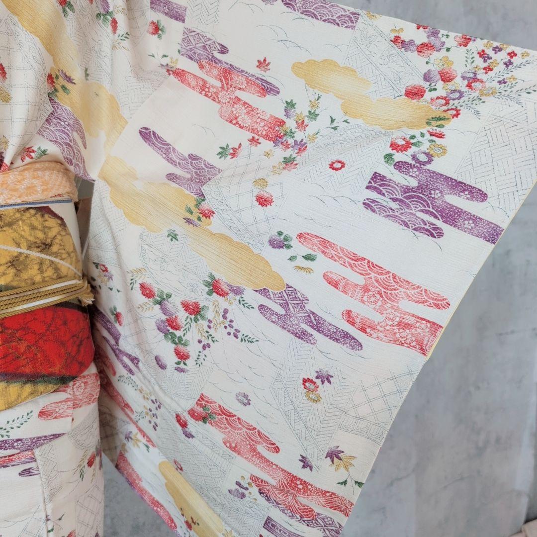 紬　帯締め帯揚げ　3点セット　着物　正絹　花　カラフル　色彩　白地　しつけ糸D2