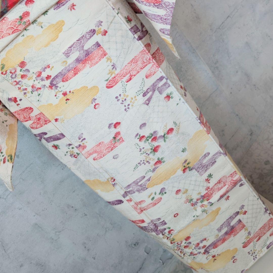 紬　帯締め帯揚げ　3点セット　着物　正絹　花　カラフル　色彩　白地　しつけ糸D2